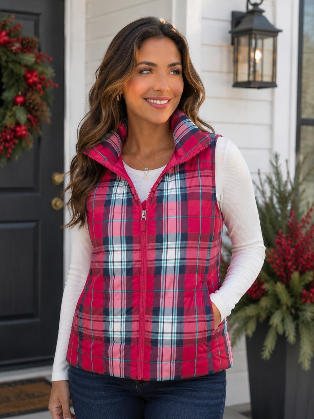 🎄Lands' End Holiday Tartan Plaid Down Puffer Vest Red Blue White Small S 6-8